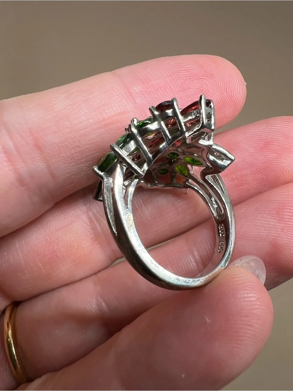 Floral Cluster Ring with Red and Green Gemstones in Sterling Silver